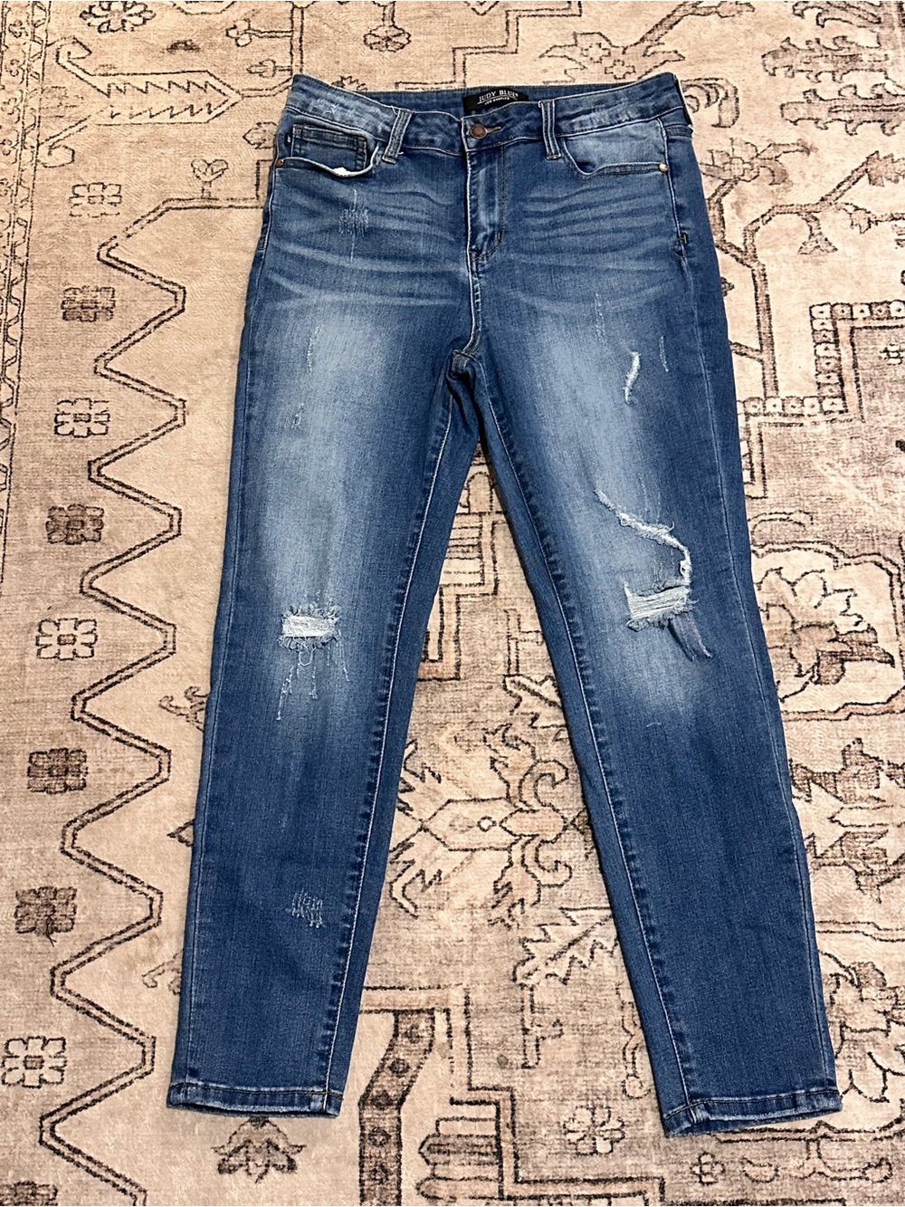 Judy Blue Mid-rise Medium Blue Distressed Straight Leg Jeans